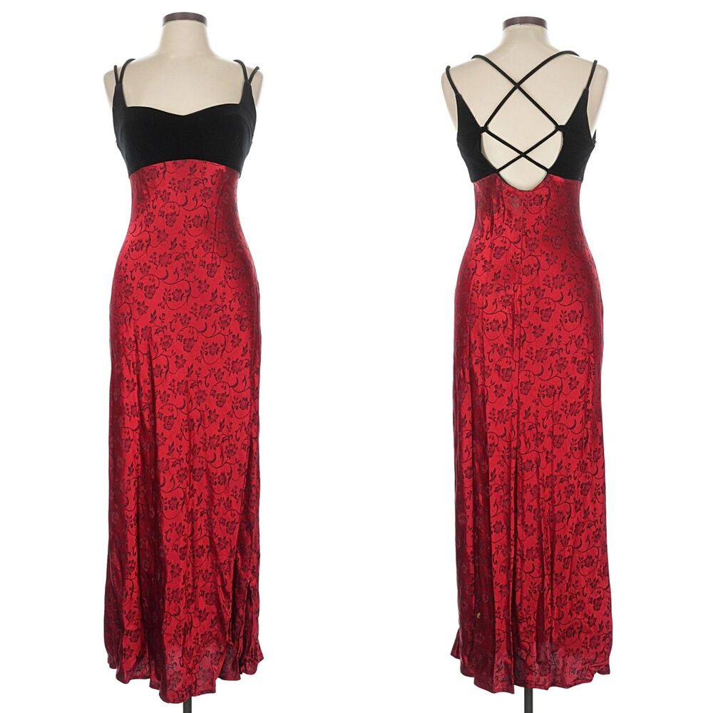 Vintage 90s Steppin' Out Red Floral Dress Black Velvet Prom Gown Size 11/12